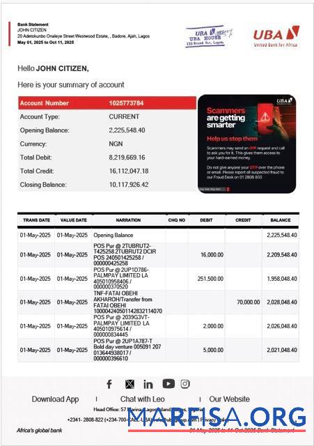 Downloadable Nigeria United Bank for Africa bank statement word sample